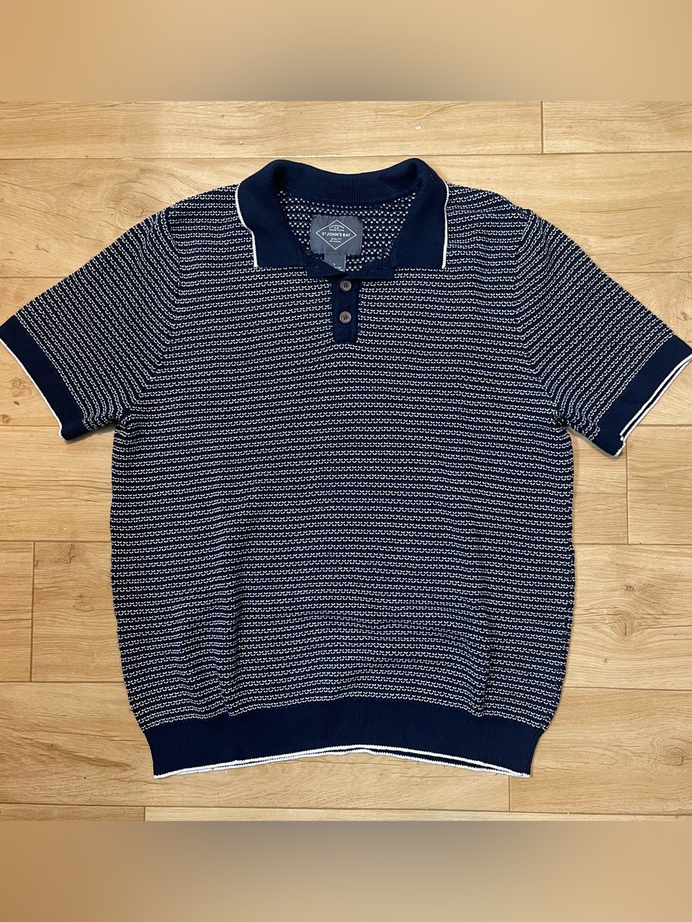 St. John's Bay Menβs L Navy and White Cotton Knit Polo Sweater